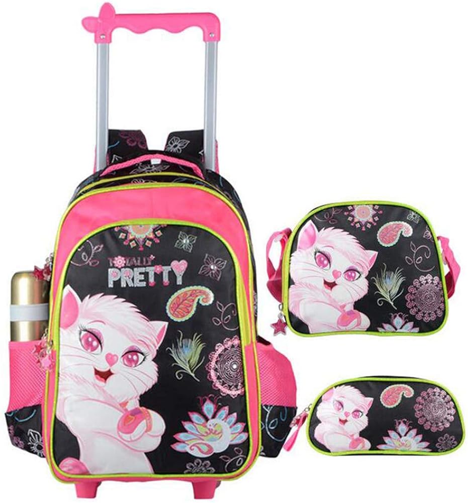 YLG 3PCS Cute cat Waterproof Rolling School Bag Backpack on Wheels cute