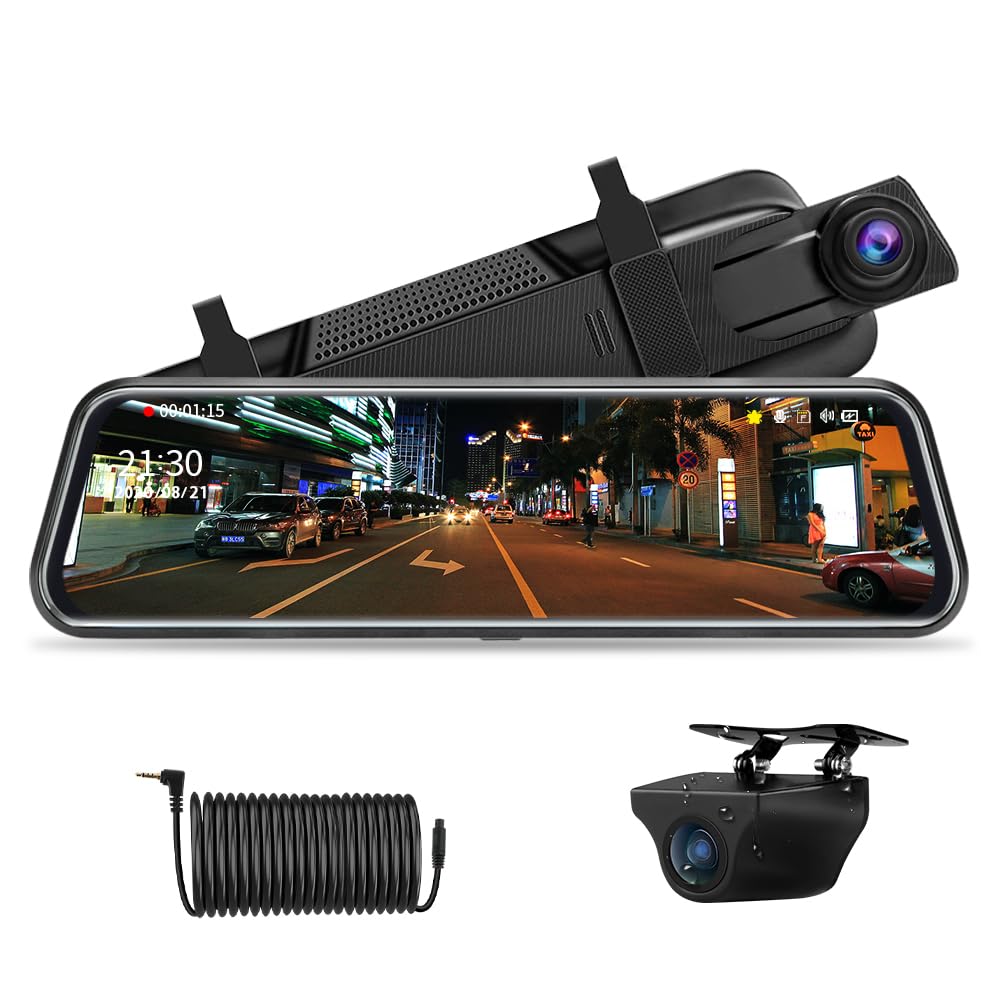 【2026 Upgraded】Jansite 10" Mirror Dash Cam Front and Rear View Camera 1080P Full Touch Screen Night Vision Dual Car Camera Dash Cam Loop Recording Streaming Media DVR 170° Wide Angle 10M Cable