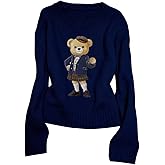 GORGLITTER Women's Bear Sweater Cute Long Sleeve Crew Neck Knitted Pullover Tops