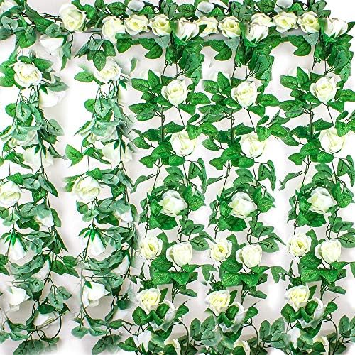 EZESO 7.5FT Artificial Flower Rose Garland Vine with Green Leaves Fake Hanging Plant Flower Garland For Wedding Party Garden Wall Valentine Decoration (White, 4 pack)