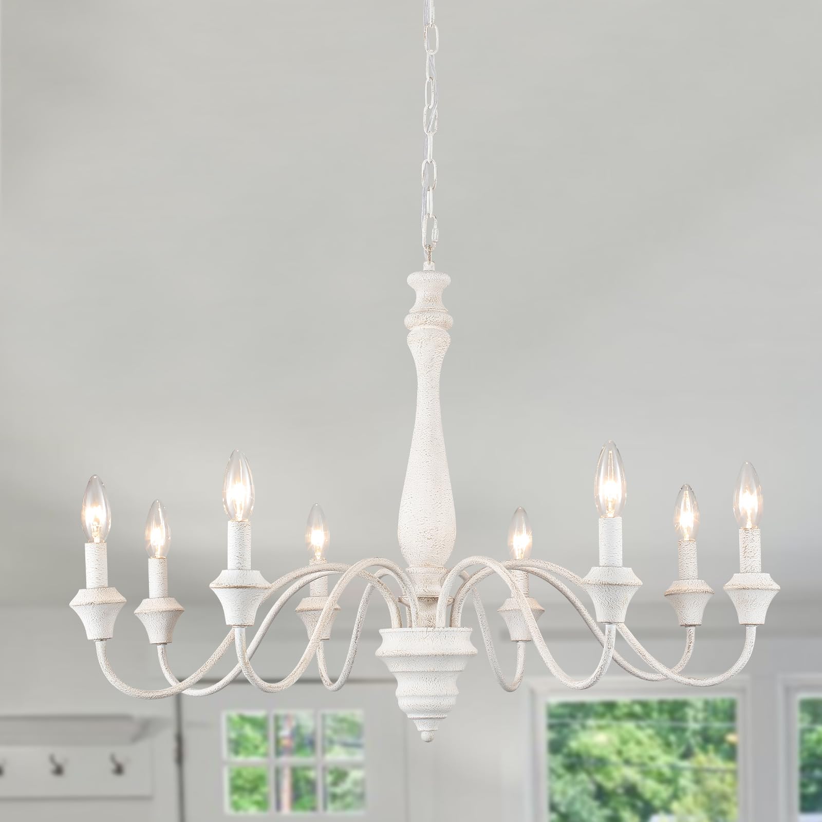 Photo 1 of French Country Chandelier 8 Lights White Modern Farmhouse Chandeliers for Dining Room Light Fixture Rustic Candle Wood Pendant Lights for Living Room Kitchen Bedroom Island
