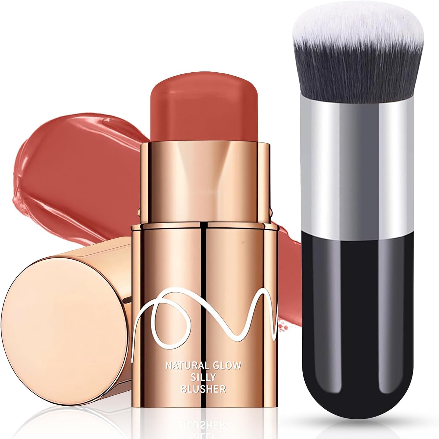 Cream Blush Stick, 3-in-1 Multi-Use Contour for Lip, Cheek, Eye, Long-lasting Waterproof Blusher With Makeup Brush, Moisturize Blush Wand, Lightweight Face Blush for Women Natural Look