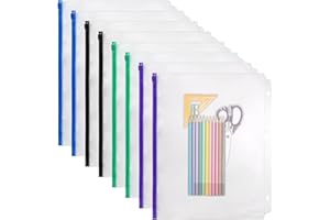 YoeeJob 3 Holes Clear PVC Zipper Binder Pocket Insert Pages Letter Size, 8 1/2"x 11 Loose Leaf Binder Filing Storage Bags 8 Packs(Mixed Color）