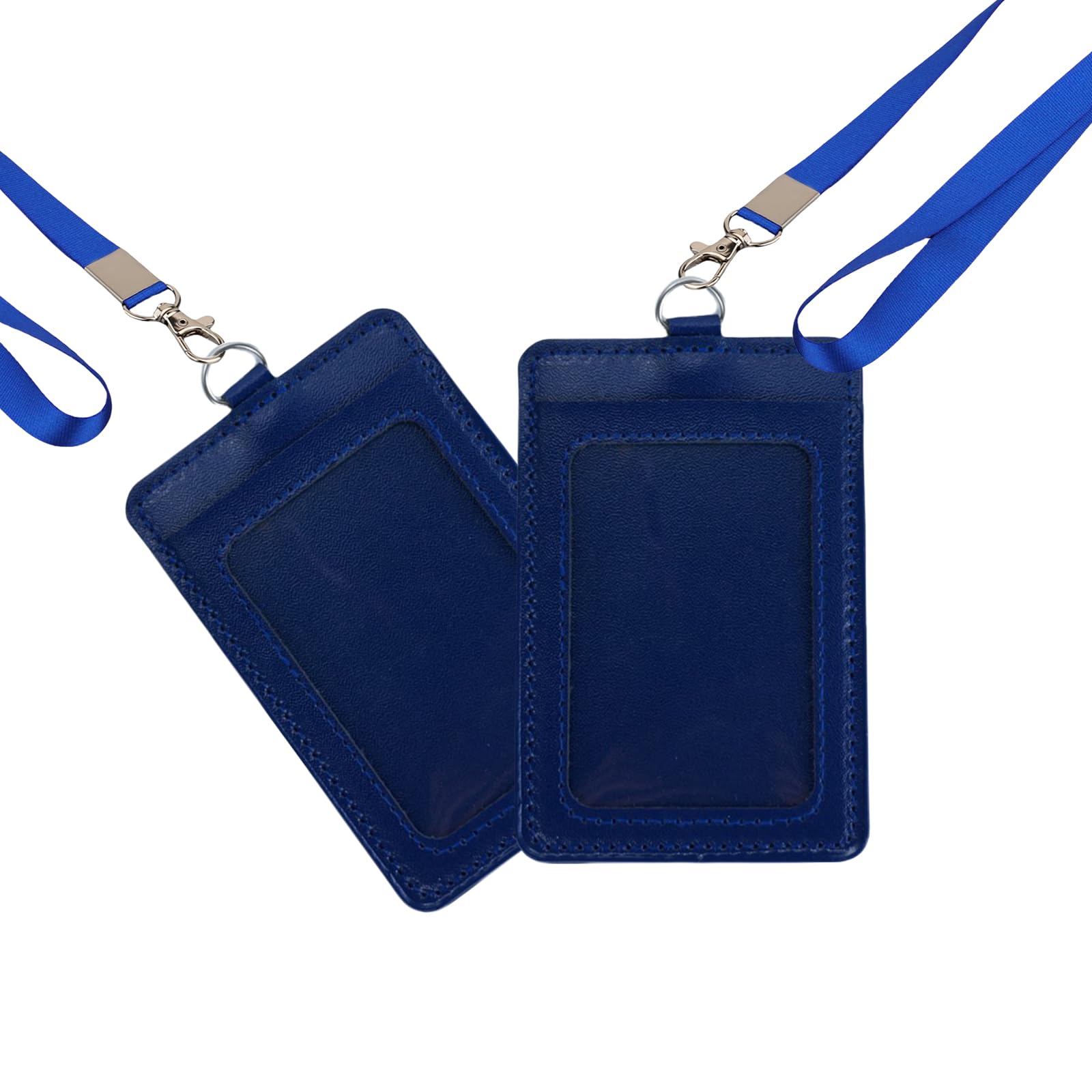 2 Pack Vertical PU Leather ID Badge Card Holder with Lanyard & 2 Card Slot, Clear Window Name Badge Holder Case for Access Card, Business Credit Card, School Work ID, Name Tags (Blue)