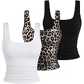 BEAUDRM Women's Y2k Double Lined 3 Piece Crop Tank Top Sets Square Neck Sleeveless Ruched Tee Shirt Basic Tops Pack
