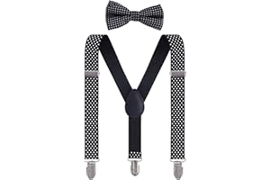 Pretishows Kids Suspenders and Bow Tie Set, Adjustable Elastic Y Back with Metal Clips Suspender for Boys
