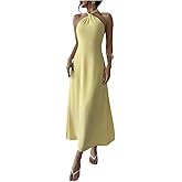 Floerns Women's Summer Sleeveless Halter Dress Ruffle Open Back A Line Maxi Dresses