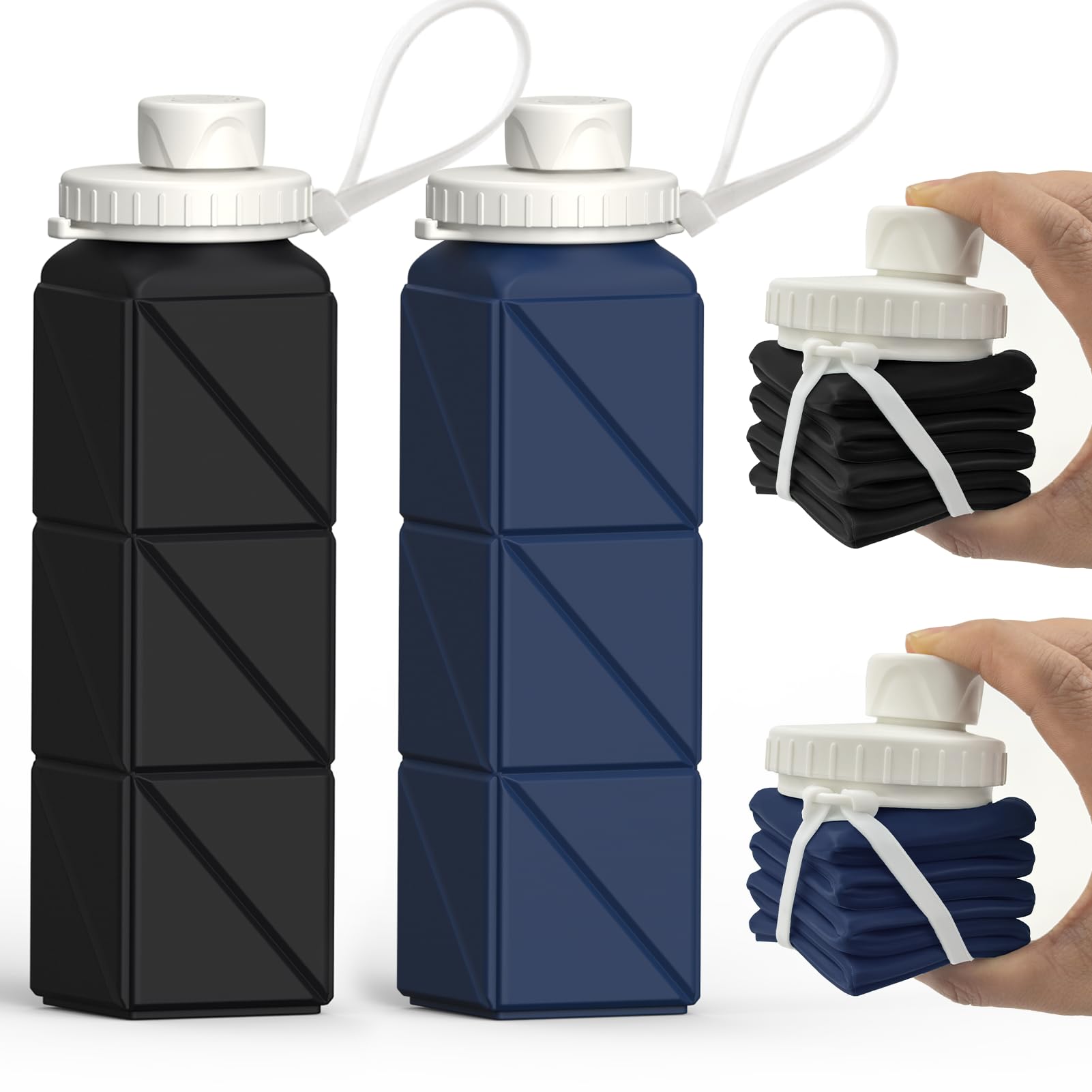 BEAUTAIL Collapsible Water Bottle, Silicone Foldable Portable Water Bottles 610ml, Lightweight Reusable Leakproof for Travel Camping Hiking Cycling Yoga Sports Outdoor, 2 Pack (Black+Darkblue)