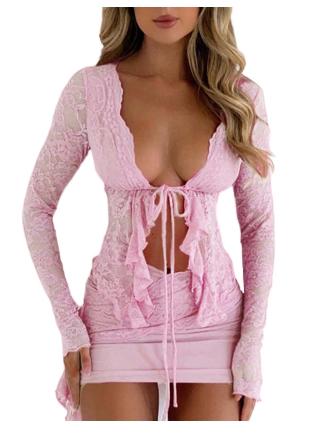 Photo 1 of **TOP ONLY** GORGLITTER Women's Lace Tie Front Tops Mesh Ruffle Bow Long Sleeve See Through Blouse Shirt Dressy Casual 2025 Pink X-Small