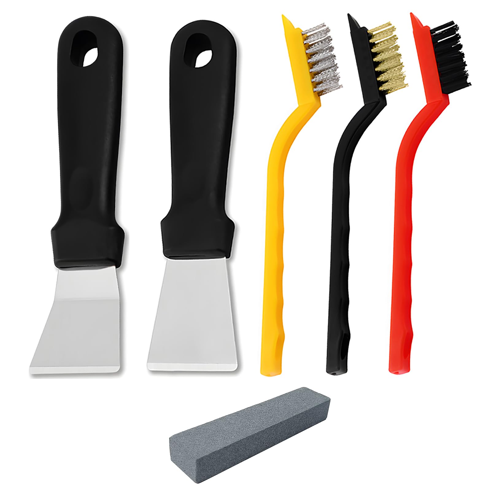 JXPXJMY 5PCS Cleaning Tool Set Including 2 Scrapers and 3 Brushes, Stainless Steel Multifunctional Scraper with Sharpening Stone for Stove Cookware Oven Floor Drain Refrigerator (Black)