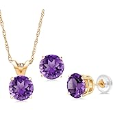 Gem Stone King 14K Yellow Gold Purple Amethyst Pendant Earrings Jewelry Set For Women | 1.35 Cttw | Gemstone February Birthstone | Round 5MM | with 18 Inch Chain