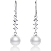 Lipernulo Freshwater Pearl Drop Earrings, 10mm 925 Sterling Silver Cultured Pearls Dangle Earrings with Cubic Zirconia, Wedding Anniversary Jewelry Gifts for Women Wife