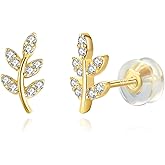 Me&Hz 14K Gold Plated Stud Earrings for Women Cute CZ Heart Lightning Blot Leaf Small Gold Stud Earrings Cartilage Earring Birthday Halloween Christmas Gift