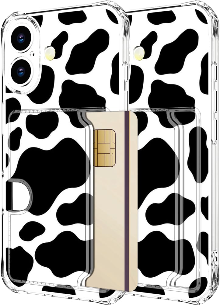 Hungo Compatible for iPhone 17 Case Wallet with Card Holder,Ultra Thin Slim Cute Girly Skin Cases Protector with Airbag Bumper for Women Girls (Clear Cow Print)