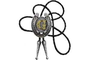 Moranse Bolo Tie Golden Initial Letter A to Z In Western Cowboy Horseshoe Style with Cowhide Rope Necktie