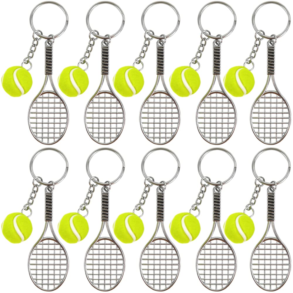 Cenrong Mini Metal Tennis Racket Keychain - 10 Pack Creative Tennis Ball Keychain for Men, Women & Sports Lovers Gift