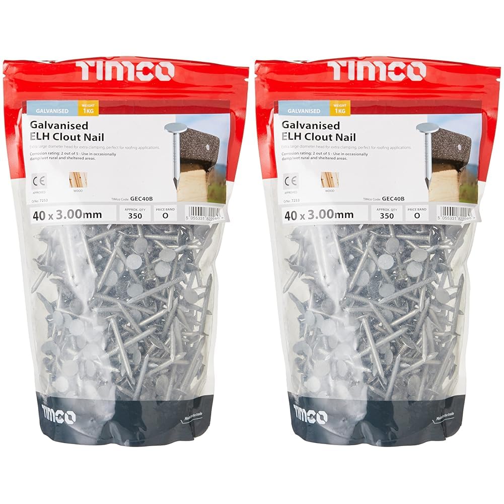 TIMCO Galvanized ELH Clout Nails - 40 x 3.00 - Extra Clamping - Perfect for Fitting Roofing Felt and plasterboard - 1kg Bag - Silver (Pack of 2)