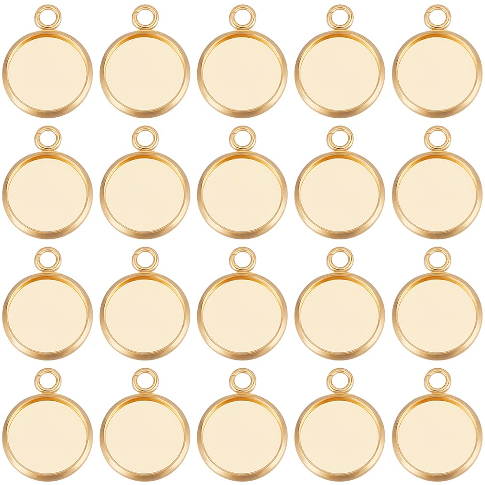 Beebeecraft 1 Box 50Pcs Pendant Cabochon Settings 18K Gold Plated 304 Stainless Steel 12mm Tray Cabochon Charm for jewelry making cameo photo