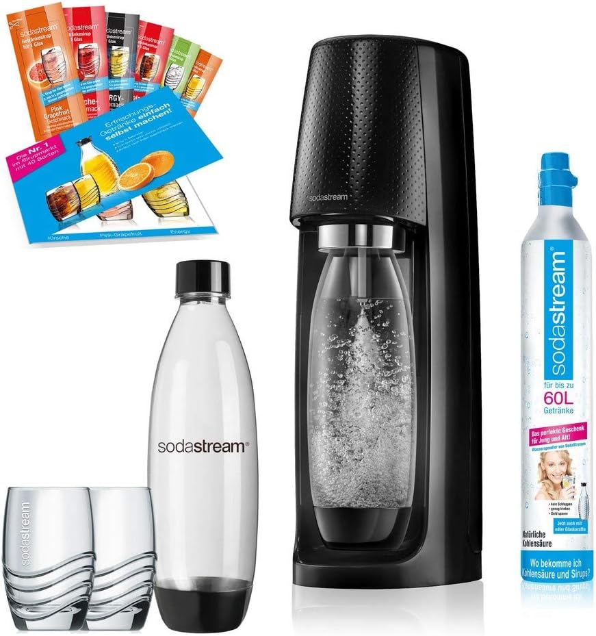 SodaStream Easy Wassersprudler-Set Promopack mit CO2-Zylinder, 2x 1 L PET-Flasche, 2x Trinkgläser, 6x Sirupproben, schwarz