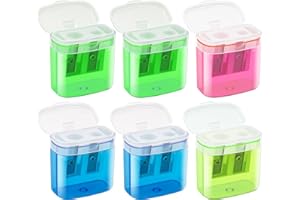 JEFURE 6 Pcs 2 Holes Small Manual Pencil Sharpener with Lid, Colored Handheld Dual Hole Pencil Sharpeners Bulk, Crayon Colored Pencils Sharpener, Pencil Sharpener for Kids, Office, School, Classroom