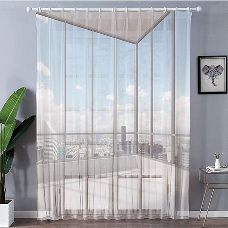 Amazon モダンなインテリア レースカーテン 目隠し 仕切り 2枚100x198cm 形状記憶加工 可愛い部屋飾り 大きな窓のあるシティスケープオフィスクリアサニースカイビュー写真 スカイブルーグレーとホワイト カーテン ブラインド オンライン通販