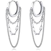 Reffeer Solid 925 Sterling Silver Chain Drop Earrings Hoop for Women Teens Hoop Earrings Tassel Chain Huggie Dangle Earrings