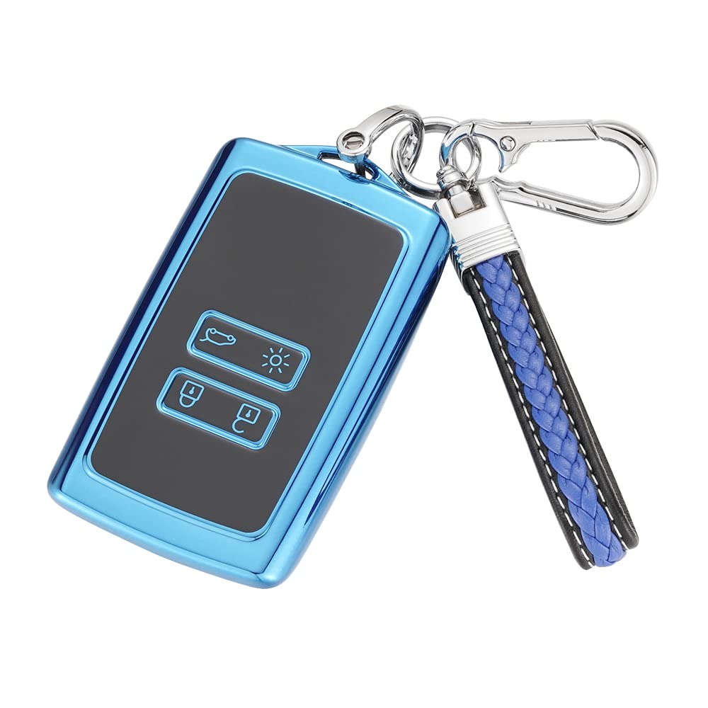 TPU Cover Shell for Renault 4 Buttons Car Key Fob,Keyless Smart Card Case Holder Fit to Clio/Megane/Kadjar/Captur/Dacia Duster，with Keychain - Blue