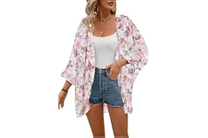 olrain Women's Floral Print Sheer Chiffon 3/4 Bat Sleeve Casual Loose Kimono Cardigan Capes