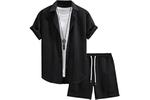 GORGLITTER Men's 2 Piece Outfits Waffle Knit Button Down Shirt Top and Shorts Set Beach Vacation Clothes