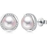 YAMI Sterling Silver Natural Cultured Pearl Earrings for Women, Black/White/Pink/Grey Pearl Stud Earrings 8MM, Hypoallergenic Jewelry Gifts for Mother Wife Her