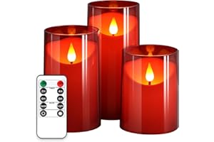 NURADA Flameless Candles with Remote Timer: 3D Wick Battery Operated Led Pillar Fake Candle Set for Wedding Birthday Valentine's Day Christmas Decorations - Red 3 Pack