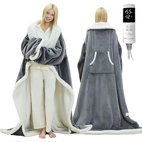 Wearable Heated Blanket with Foot Pocket - Electric Blanket Throw with Sleeves, Heated Snuggle for Women or Adults, Heated Robe with Multi Heat Settings, 1-12 Hours Auto Shut Off (50''x70'' Grey)