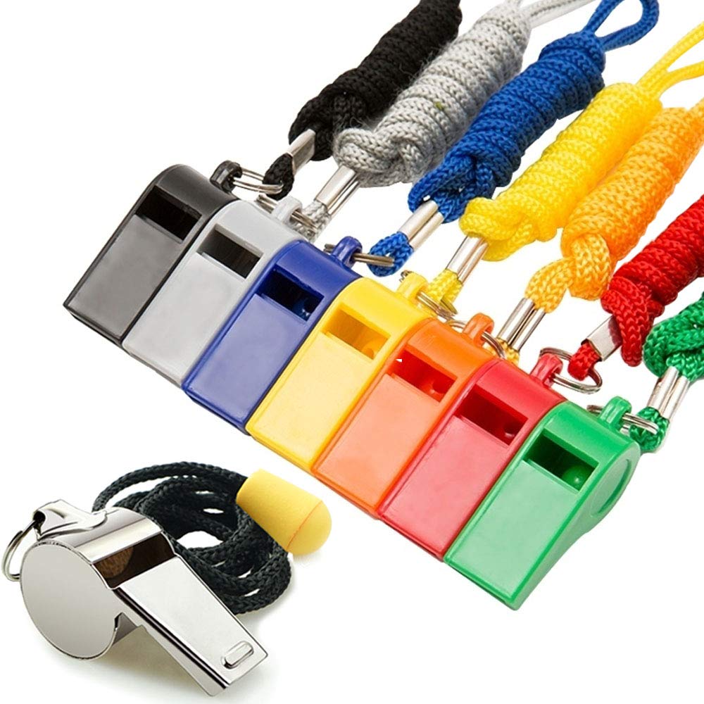 Hipat Whistle with Lanyard, 8 Packs Sports Whistles Bulk, 7pcs Plastic Whistle and 1pcs Stainless Steel Whistle, Loud Crisp Sound Whistle Ideal for Coaches, Referees and Lifeguards