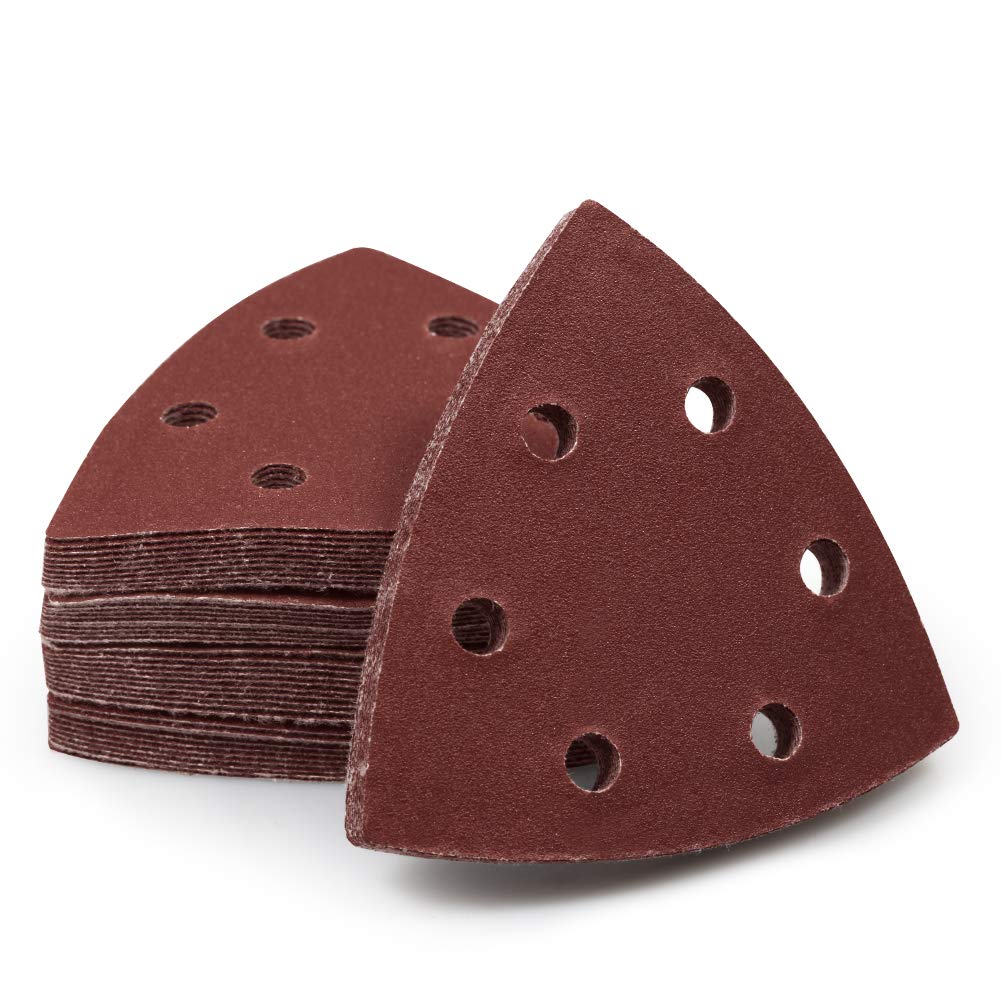 SPEEDWOX 50 Pcs Triangle Sanding Pads Hook and Loop 240 Grit Oscillating Sanding Pad 90mm 6 Holes Fit 3-1/2 Inches Oscillating Multi Tool Detail Sander Sandpaper Triangle Sanding Discs Sanding Tool — image 1