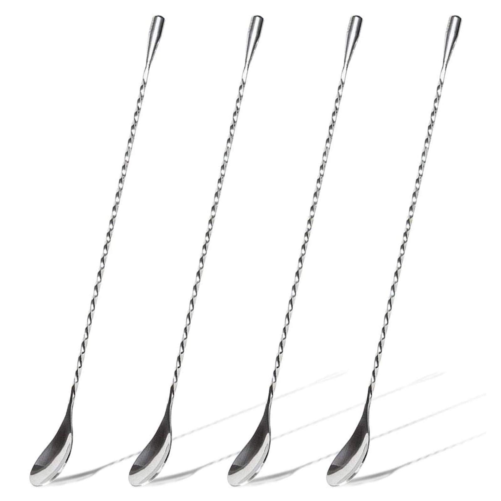 HQCM 4PCS Cocktail Stirrers, 304 Stainless Steel Long Handle Mixing Spoon Teaspoons Shaker Spoons Tea Drink Mixer Latte Glasses Stirrer for Bar Home DIY Coffee Design, Silver 11.85inch