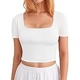 CLOZOZ Short Sleeve Square Neck Crop Tops for Women Basic Slim Fit Cropped T-Shirt