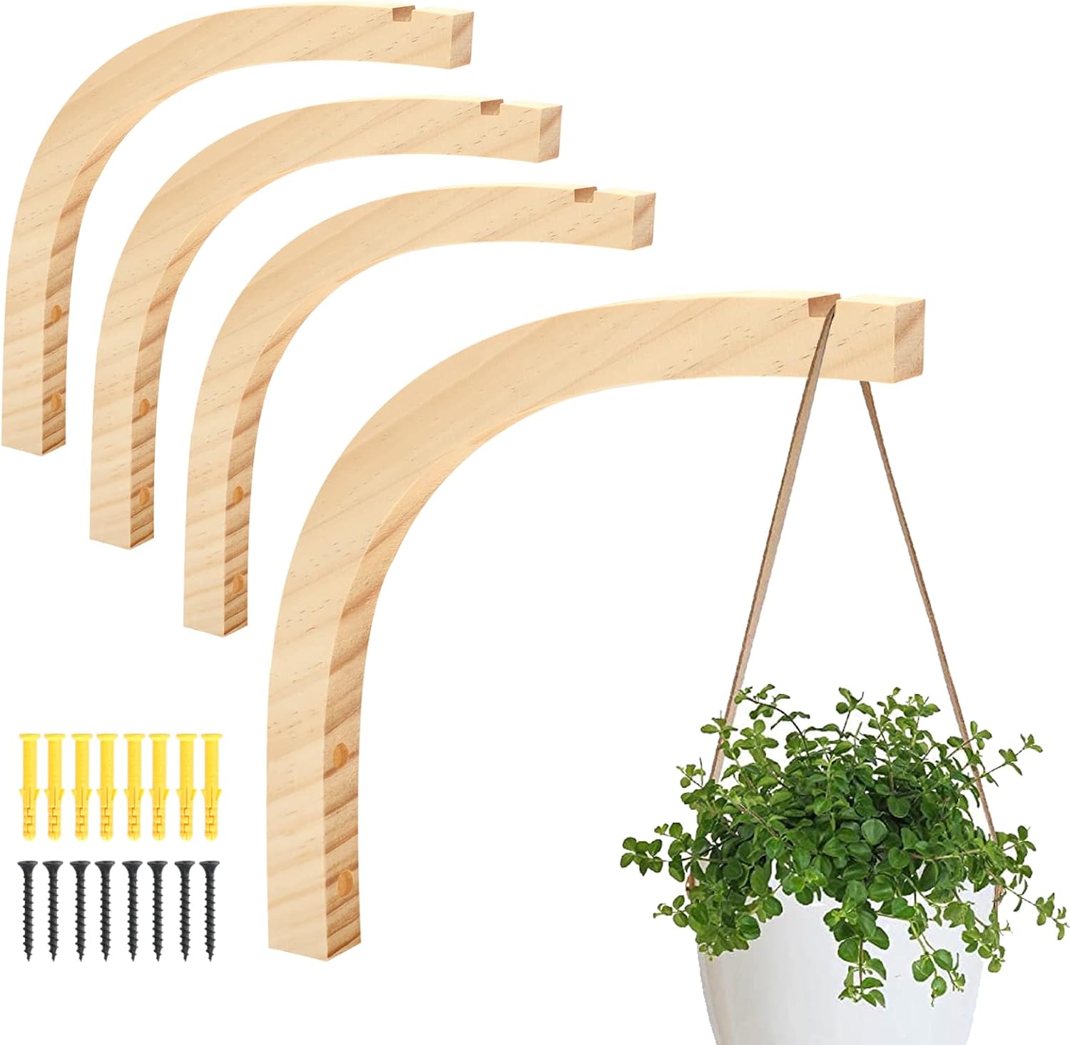 Outdoor Hanging Brackets - 4PCS Plant Hooks for Wall Hanger Hanging Plant Hooks for Indoor And Outdoor Hooked Wall Hanging Flower Pots Lanterns Wind Chimes Bird Feeder Lights The Original Wood Color (4 Packs, 8 Inches)