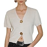 URBAN REVIVO Women's Cardigan Sweaters Short Sleeve V Neck Gold Button Down Cropped Knit Casual Summer Tops