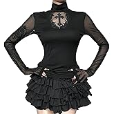 win2win Women Goth Fashion Cross Top T Shirt - See Through High Neck Tulle Sheer Mesh Rave Tee Fall Party