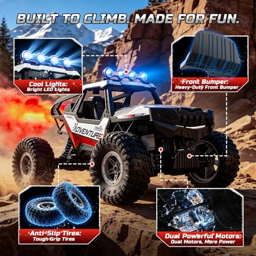 DEERC DE125 1:14 RC Rock Crawler, 4WD Remote Control Off-Road Monster Truck with Mist Spray, Metal Body Shell, LED Lights, 2.4GHz All-Terrain Car, 2 Batteries, Gifts for Kids & Adults