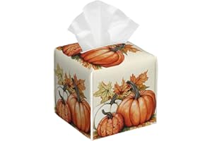 HOYYU Pumpkins Fall Tissue Box Cover Autumn Leaves Square Leather Tissue Case Holder Facial Paper Organizer Decorative for Tabletop Night Stands Desk Bathroom Kitchen Car Office Home Decor