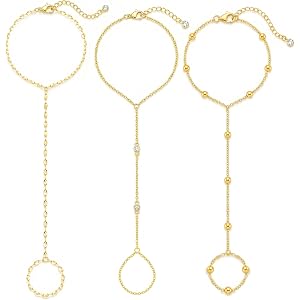 Eaciy 3PCS Gold Hand Chain Bracelets for Women, 18K Gold Plated Dainty Stackable Hand Chain Bracelet Ring Gold Bracelets for