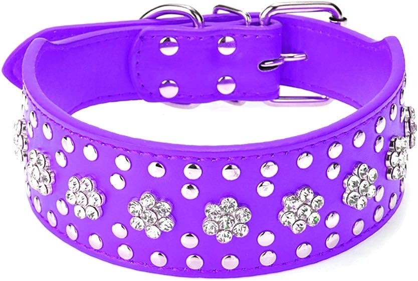 Haoyueer Rhinestones Dog Collars Flower Pattern Rhinestone Studded Leather Sparkly Crystal Diamonds Dazzling Sparkling Elegant Fancy PU Leather Dog Collar for Medium & Large Dogs(Purple,M 17-20inch)