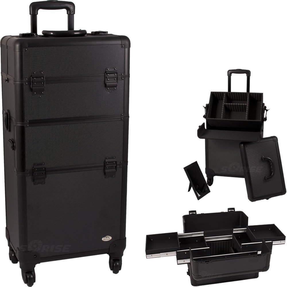 31.25 inch 360 Degree Rotating 4 Wheel Rolling Professional Black Dot Aluminum 4 Easy Sliding Extendable Trays Studio Cosmetic Beauty Makeup Artist Travel Supply Styling Organizer Tote Holder Storage Train Case Cart Trolley + Removable Case + Adjustable Dividers + Removable Mirror + Telescoping handle
