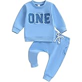Lamuusaa Toddler Baby Boy Birthday Outfit One/Two Letter Embroidery Sweatshirt Jogger Pants Fall Winter Clothes