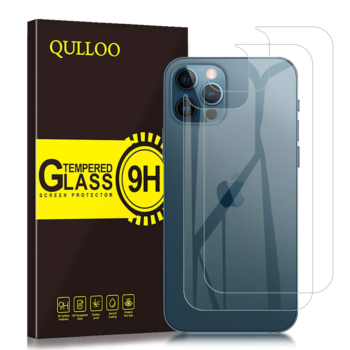 QULLOO for iPhone 12 Pro Back Screen Protector, [2 Pack] 9H Hardness Temepred Glass Back Film Anti-Fingerprint Case Replacement for Apple iPhone 12 Pro 6.1"