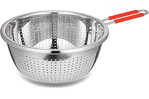 Stainless Steel Perforated Metal Colander Strainer with Long Red Handle Sieve Sifters Use for Kitchen Food Pasta Noodles Spag