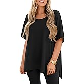 Tankaneo Womens Oversized Scoop Neck Tshirts Summer Casual Short Sleeve Tops Side Slit Loose Fit Basic Tee Shirts