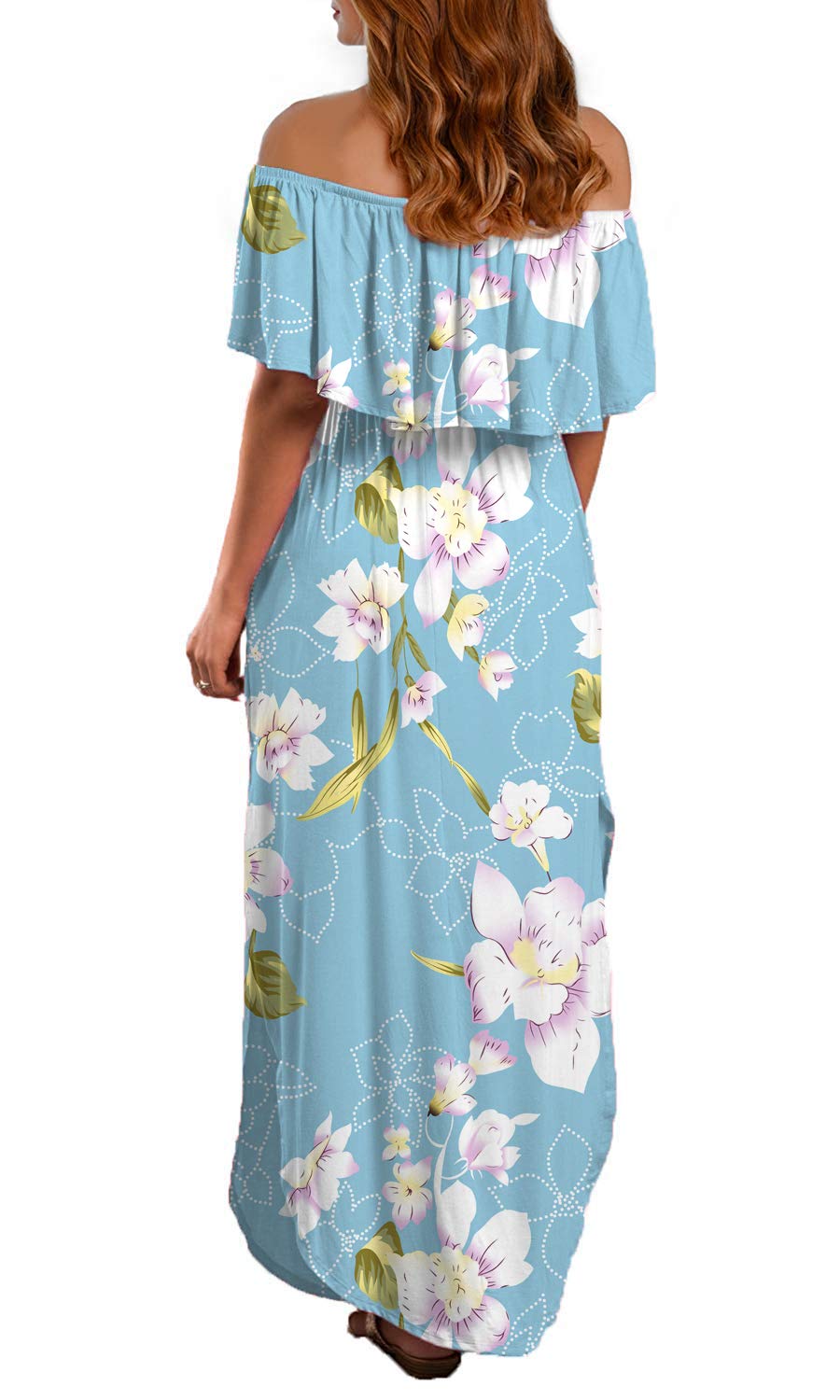 Donnalla Womens Off The Shoulder Summer Side Split Dress Ruffle Beach Long Maxi Dresses with Pockets(Blue Floral Large)