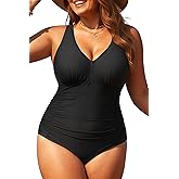 Aqua Eve Women Plus Size One Piece Swimsuits V Neck Tummy Control Bathing Suits Retro Ruched Swimwear